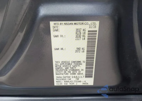 2017 Nissan Altima 2.5 Sr from USA, damaged, VIN 1N4AL3AP3HC166117